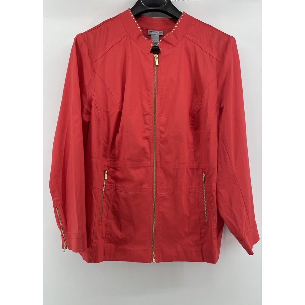 Catherines Blazer Women's 2X Full Zip Red Orange Beaded Boho Artsy